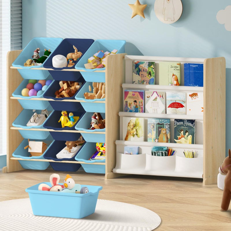 EXPERLAM Kids Toy Storage Organizer - Toy Storage with Bookshelf, Toy Organizer with 12 Blue Bins and 4 Book Shelves, Toy Organizers and Storage for Playroom, Nursery, Kids Room, Burlywood - Image 1
