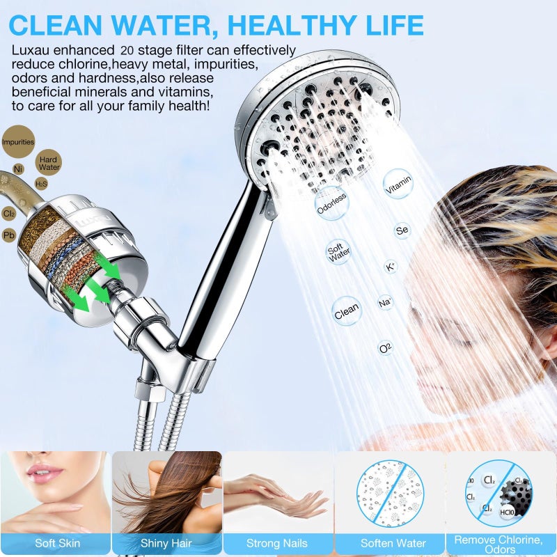 Luxau Filtered Shower Head Combo Includes 20 Stage Shower Filter Head High Pressure Handheld Spray Showerhead Hose Shower Arm Mount Holder For Hard Well Water Chlorine Chrome (S20) - Image 3