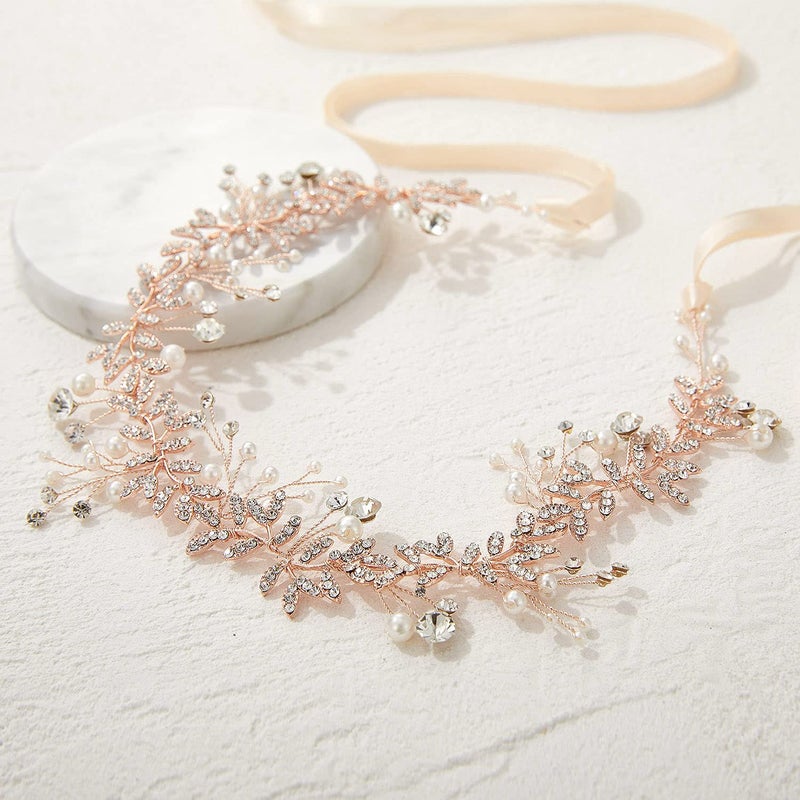 SWEETV Crystal Bridal Headpieces for Brides Rose Gold Wedding Hair Accessories Bride Headband Pearl Hair Vine Rhinestone Hair Pieces for Women - Image 5