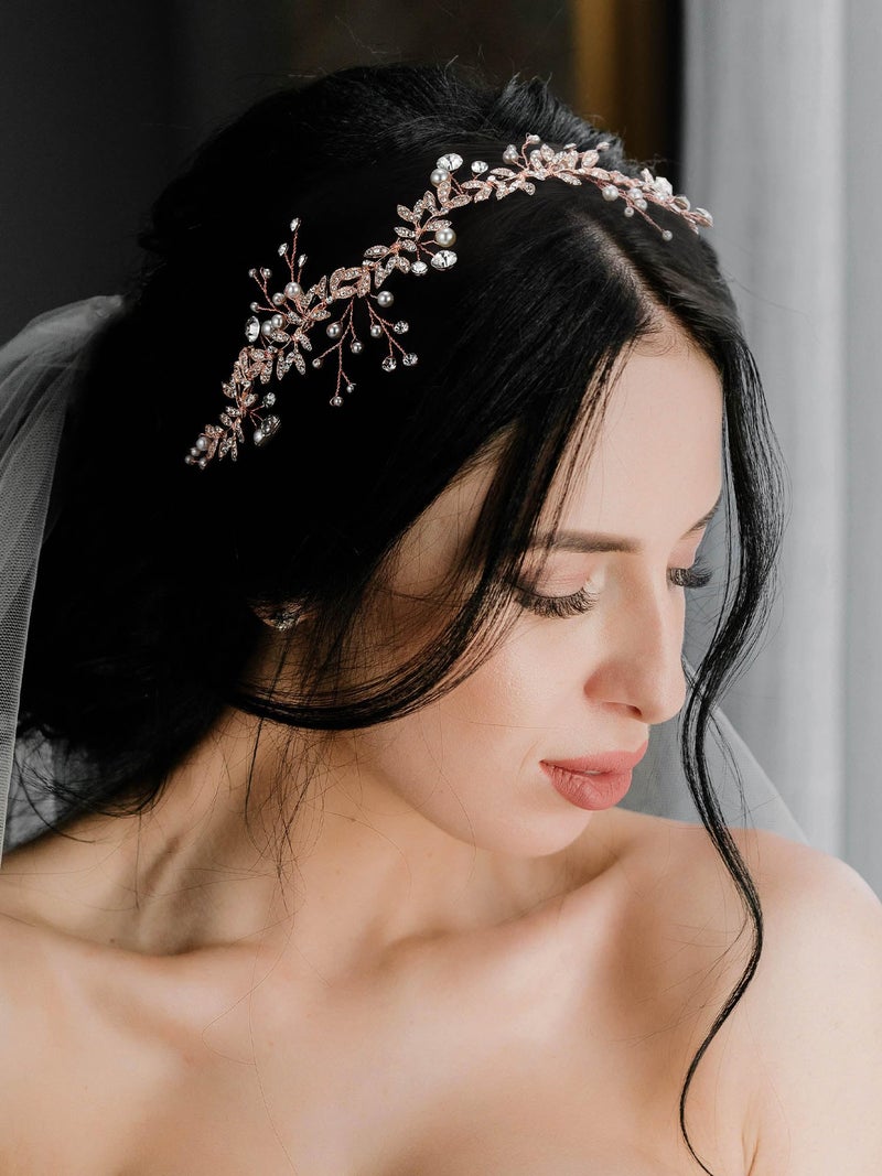 SWEETV Crystal Bridal Headpieces for Brides Rose Gold Wedding Hair Accessories Bride Headband Pearl Hair Vine Rhinestone Hair Pieces for Women - Image 2
