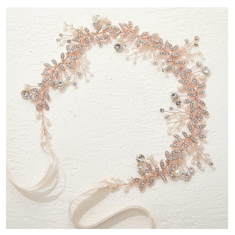 SWEETV Crystal Bridal Headpieces for Brides Rose Gold Wedding Hair Accessories Bride Headband Pearl Hair Vine Rhinestone Hair Pieces for Women - Image 1