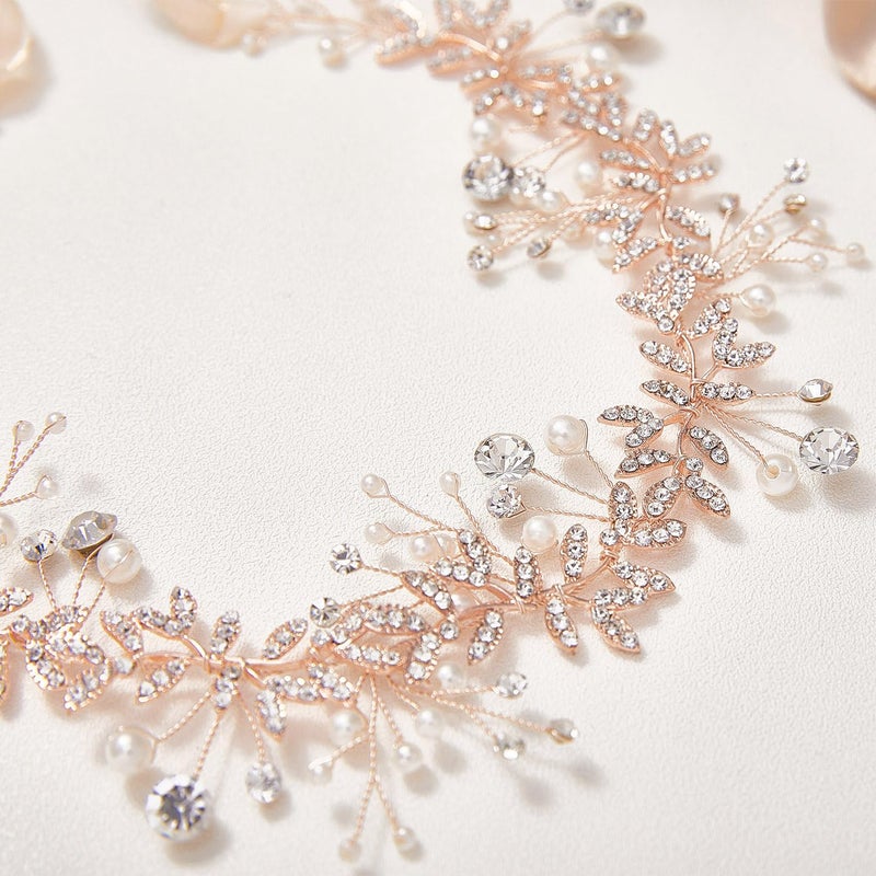 SWEETV Crystal Bridal Headpieces for Brides Rose Gold Wedding Hair Accessories Bride Headband Pearl Hair Vine Rhinestone Hair Pieces for Women - Image 4