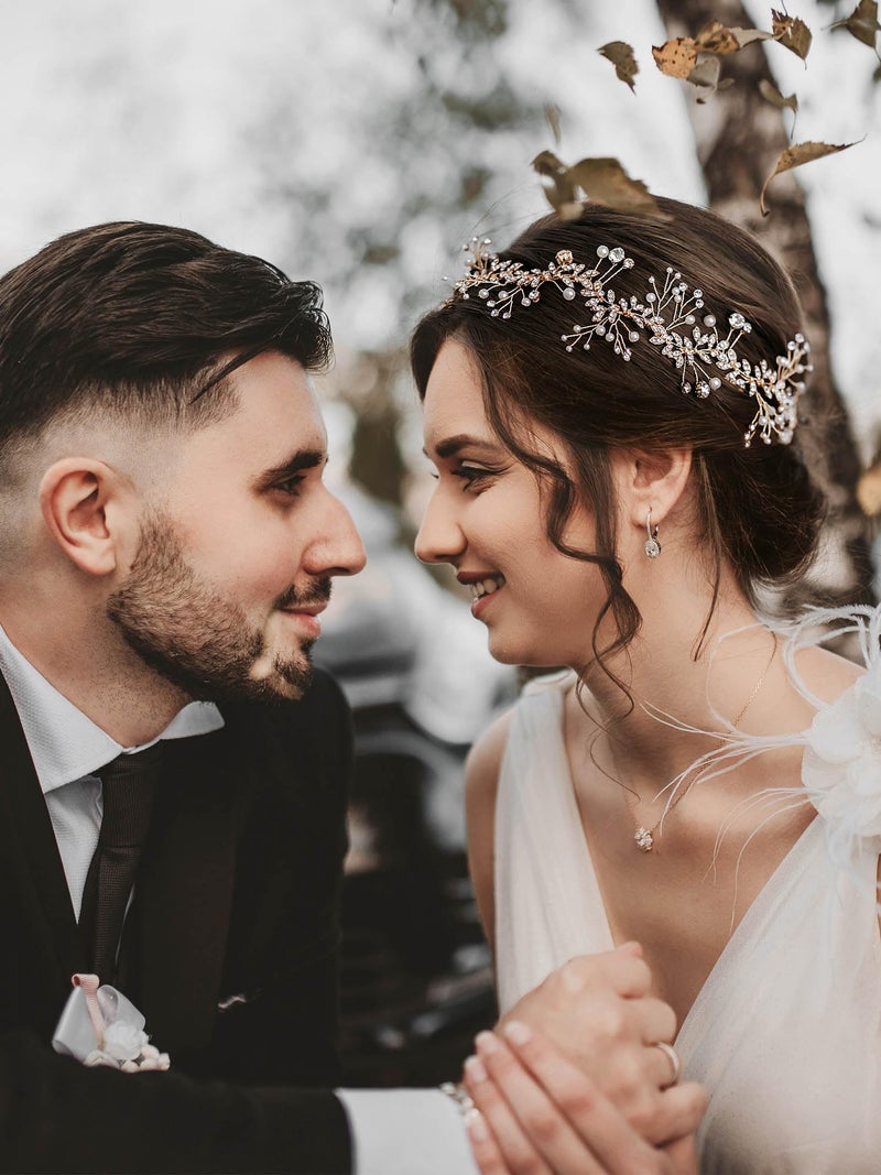 SWEETV Crystal Bridal Headpieces for Brides Rose Gold Wedding Hair Accessories Bride Headband Pearl Hair Vine Rhinestone Hair Pieces for Women - Image 3