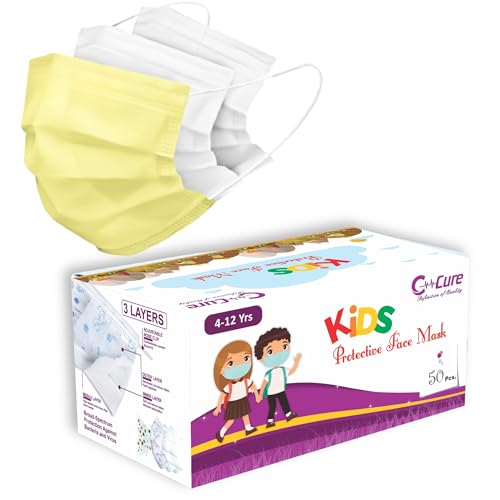 C-Cure Kids Disposable Face Mask, 3 Ply Non Woven Mask With Meltblown Layer & Nose Clip, Breathable Ear Loop Mask For Boys And Girls Aged 4–12 Years (Yellow, Pack of 50) - Image 1