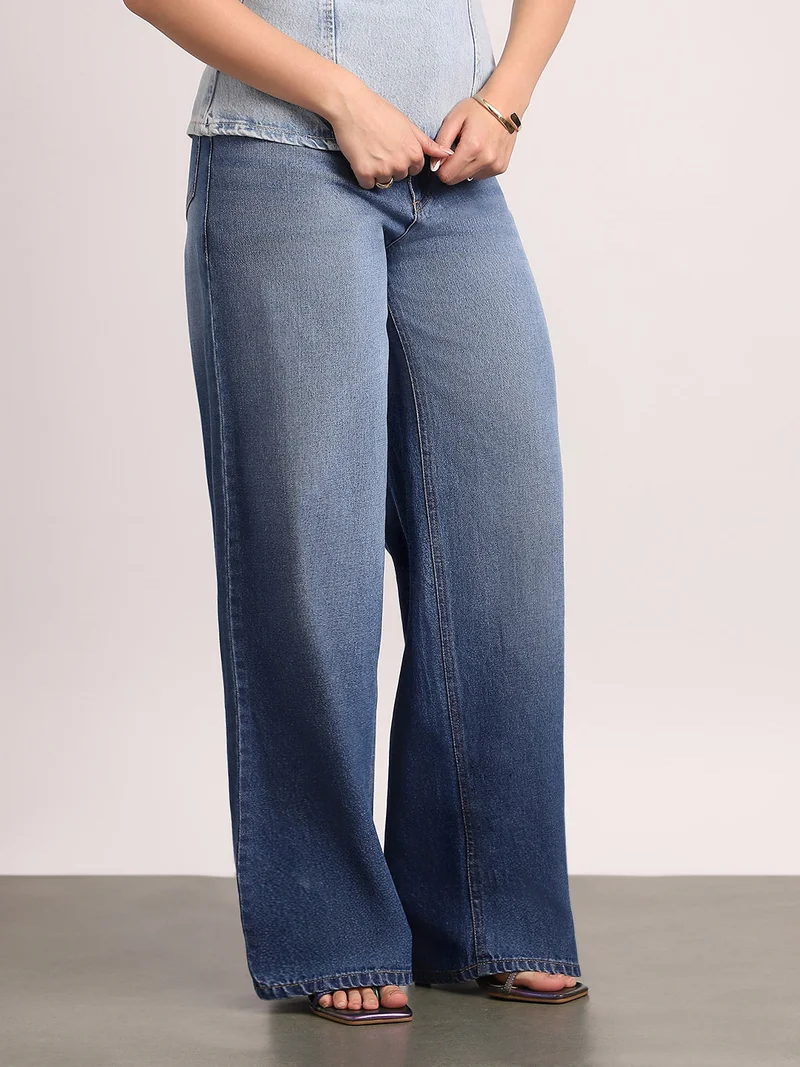 Urbano Fashion Urbano Fashion Women's Blue High Rise Loose Baggy Fit Washed Jeans Non-Stretchable