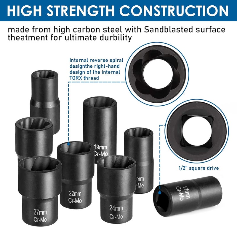 THINKPRO 10 PCS Bolt Nut Extractor Set - 1/2-Inch Drive Lug Nut Remover Tool - Image 3