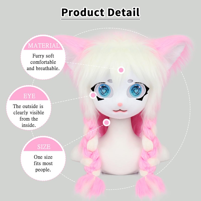 hbbhml Animal Cat Head Mask Fursuit Cute Plush Anime Masks for Halloween Masquerade Cosplay Costume Accessory - Image 5