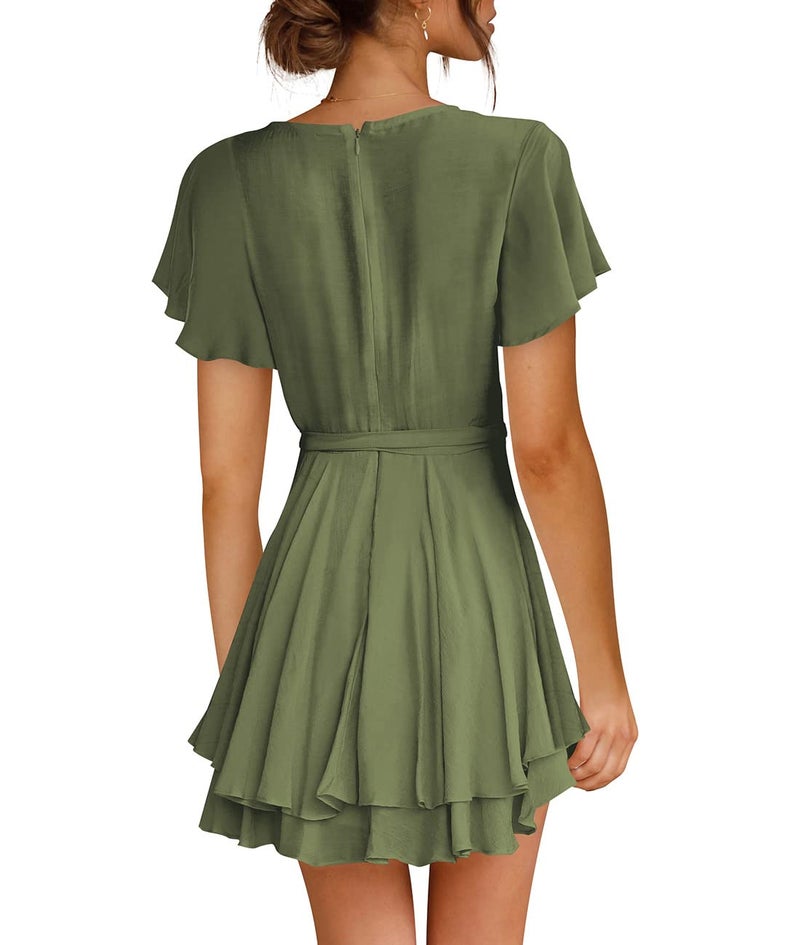 Cosonsen Womens Evening Dress Short Sleeve Deep V-Neck Tie Waist Sexy Dresses Green XL - Image 3
