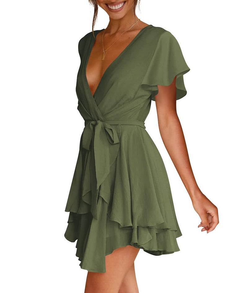 Cosonsen Womens Evening Dress Short Sleeve Deep V-Neck Tie Waist Sexy Dresses Green XL - Image 4