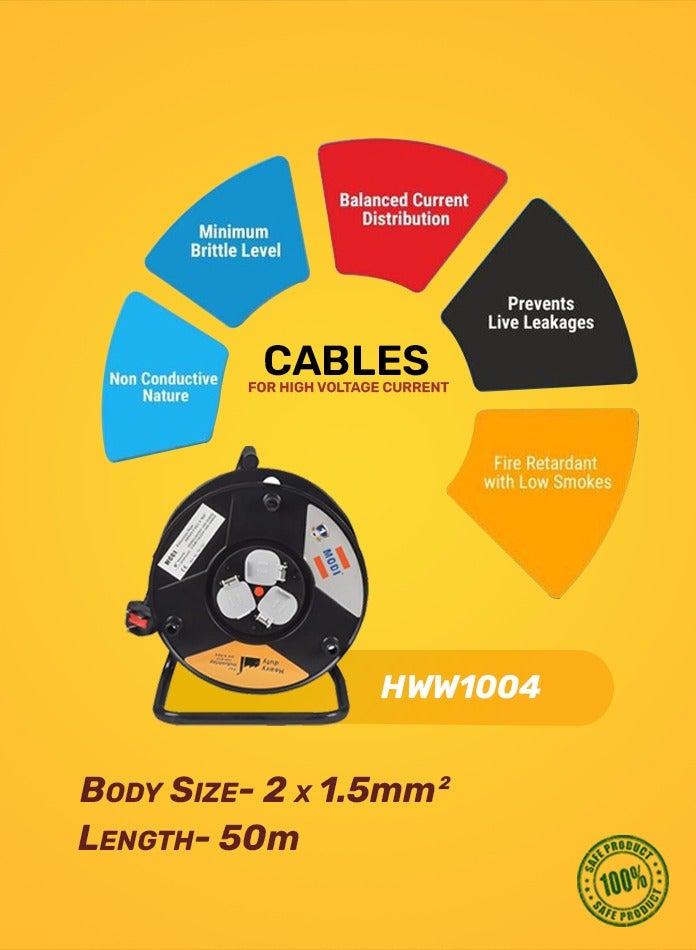 MODI 50m Cable Reel 2x1.5mm² | Heavy Duty Extension Cord with Safety Sockets, Fire Retardant, Balanced Current & Leak Protection - Image 3