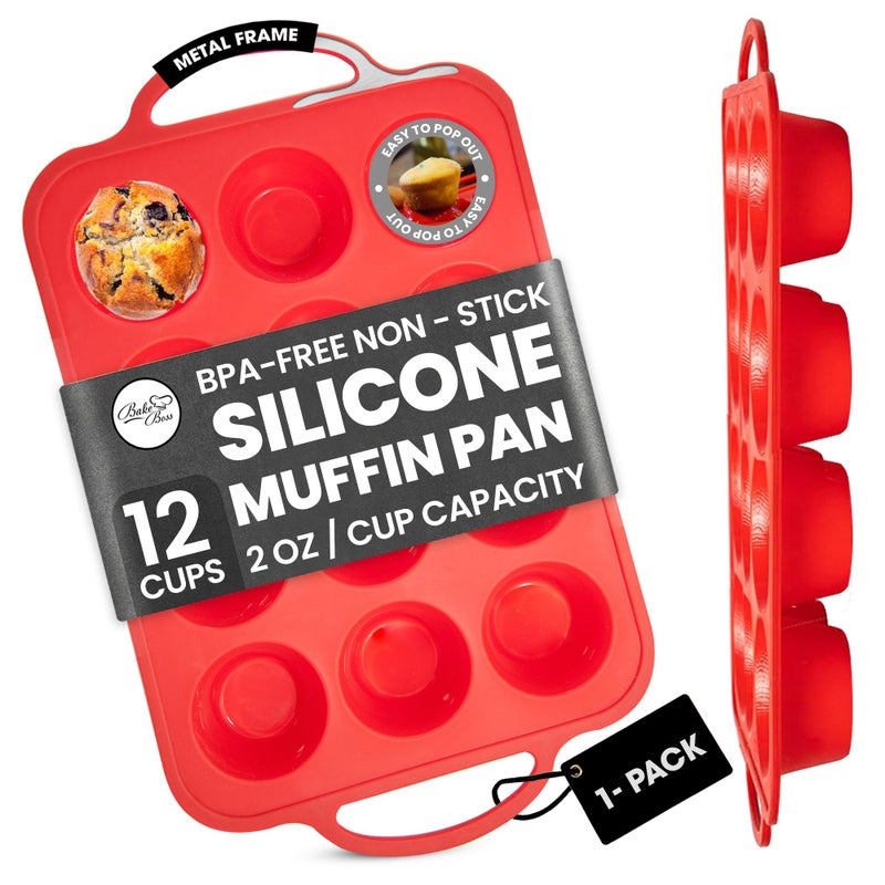 BAKE BOSS Silicone Muffin Pan With Handles, 12 Cups Cupcake Pan, Silicone Muffin Cups For Baking, Eggs & Cupcakes, Non-Stick Cupcake Molds Dishwasher Safe & BPA Free - Red Color - Image 1