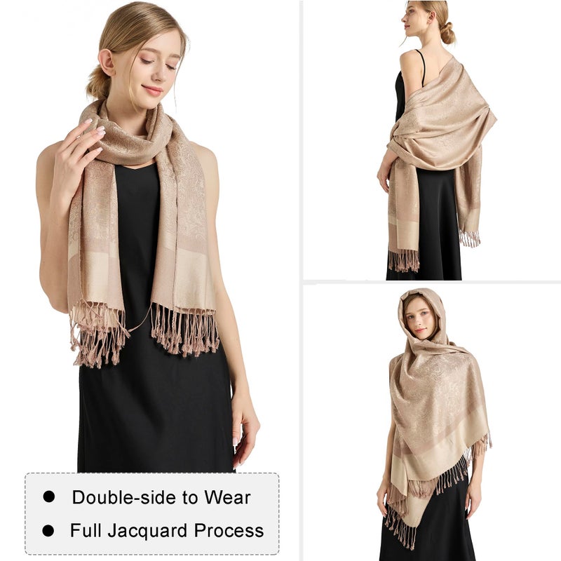 vimate Pashmina Shawls and Wraps Spring Fall Beige Grey Paisley Pashmina Scarves for Women Travel Shawl (Style 1-Beige Taupe) - Image 4