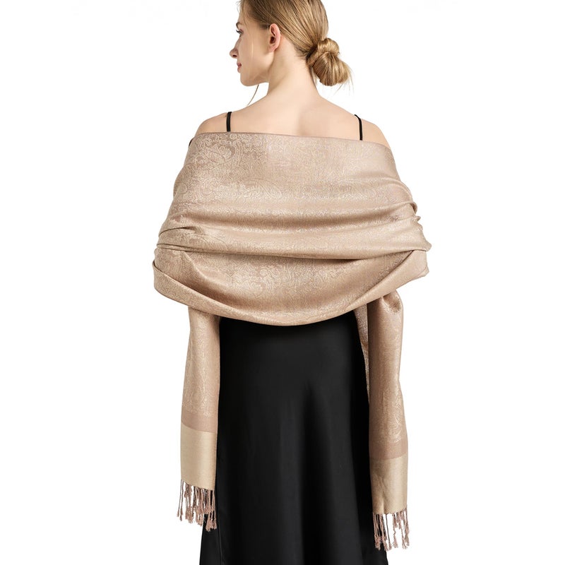 vimate Pashmina Shawls and Wraps Spring Fall Beige Grey Paisley Pashmina Scarves for Women Travel Shawl (Style 1-Beige Taupe) - Image 2