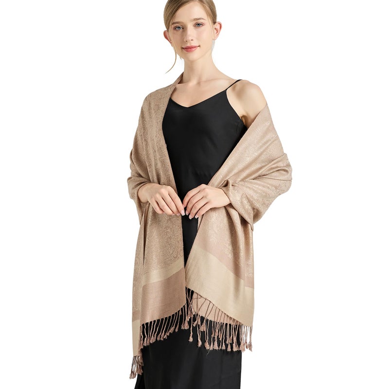 vimate Pashmina Shawls and Wraps Spring Fall Beige Grey Paisley Pashmina Scarves for Women Travel Shawl (Style 1-Beige Taupe) - Image 3