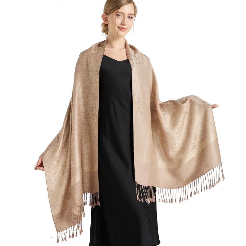 vimate Pashmina Shawls and Wraps Spring Fall Beige Grey Paisley Pashmina Scarves for Women Travel Shawl (Style 1-Beige Taupe) - Image 1