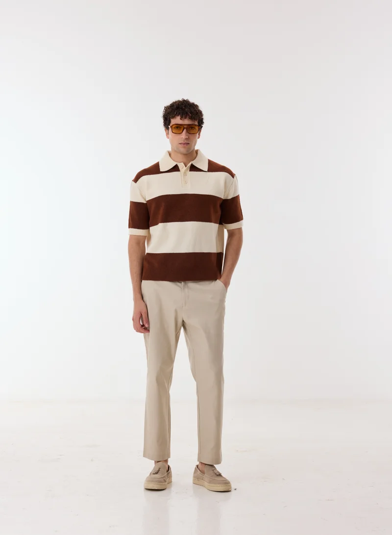 Ashita Fernandes Men's Contrast Stripe Knit Polo Shirt - Brown & Cream