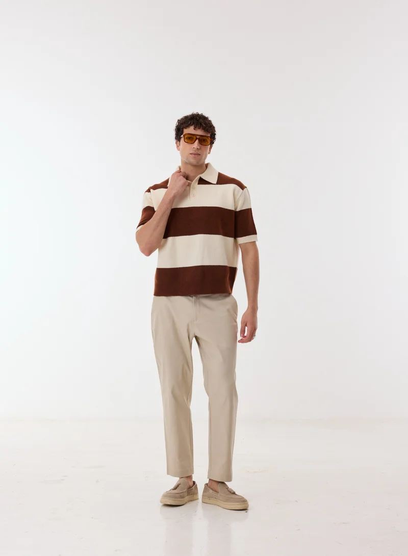 Ashita Fernandes Men's Contrast Stripe Knit Polo Shirt - Brown & Cream