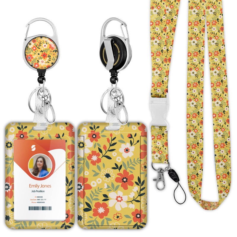 Boutilon ID Badge Holder with Lanyard,Retractable ID Badge Card Holders Detachable Neck Lanyard Strap with Badge Reel and Vertical ID Holder for Nurse Students Teachers Office Staff(Flower Yellow) - Image 1