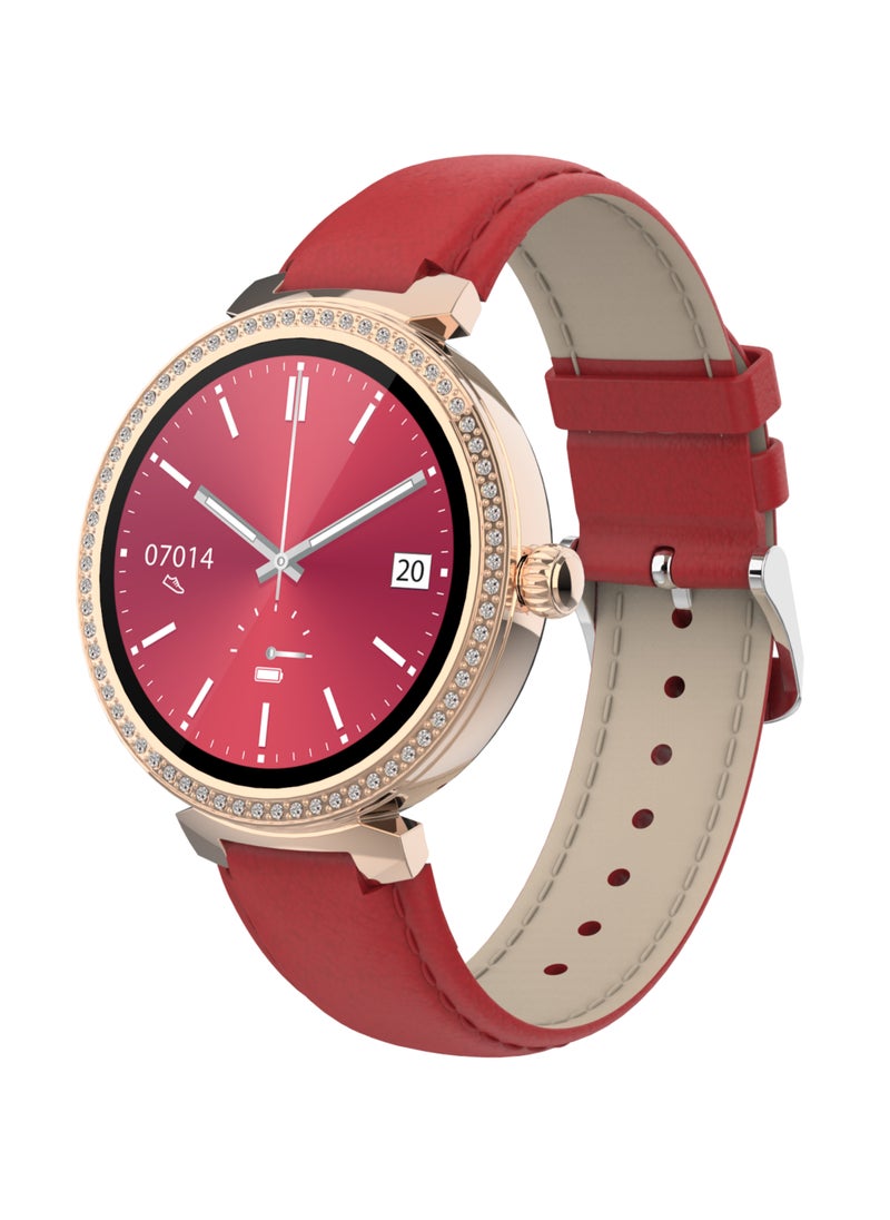 porodo - Belle Lady Smart Watch Rose Gold dial and Red Strap with AMOLED Display / IP68 Water Resistance / Activity tracker / 180mAh, 3 Days Battery life / Zinc Alloy + ABS - Red - Image 1