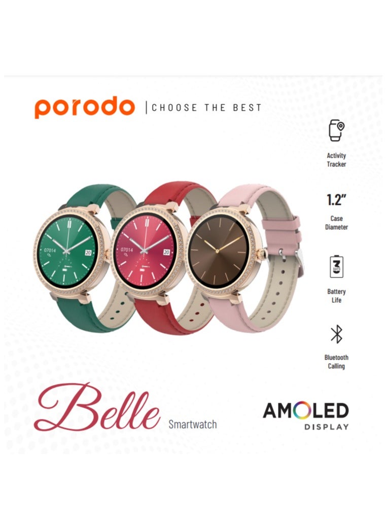 porodo - Belle Lady Smart Watch Rose Gold dial and Red Strap with AMOLED Display / IP68 Water Resistance / Activity tracker / 180mAh, 3 Days Battery life / Zinc Alloy + ABS - Red - Image 1