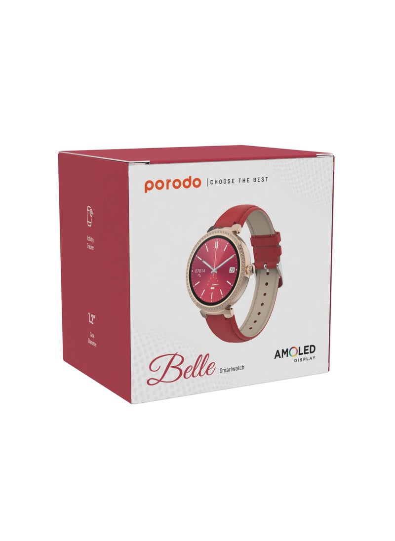 porodo - Belle Lady Smart Watch Rose Gold dial and Red Strap with AMOLED Display / IP68 Water Resistance / Activity tracker / 180mAh, 3 Days Battery life / Zinc Alloy + ABS - Red - Image 1