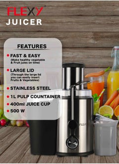 Flexy FLEXY JUICER: 500W powerful motor, stainless steel blade, large feeding tube, multi-speed settings for easy fruit & vegetable juice extraction, 2-year warranty, sleek design.  - Image 2