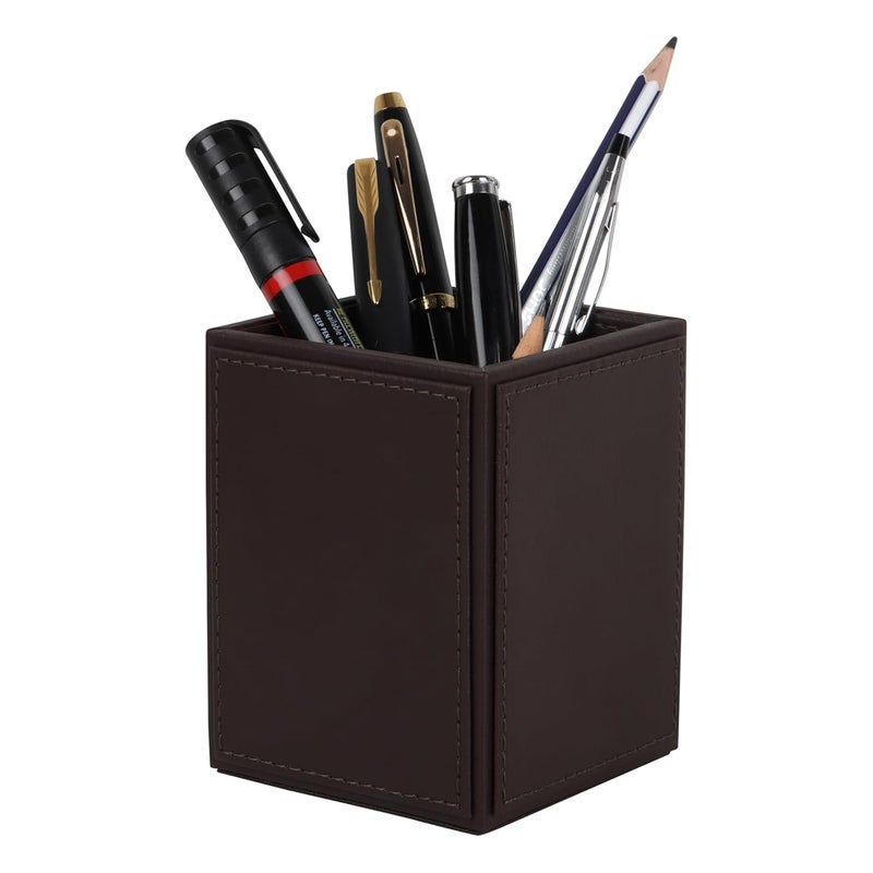 V-CUBE DESIGNS Premium Vegan Leather Pen Holder for Desk & Study Table Accessory | Marker/Pencil Stand for Student | Stationery Organizer for Office Table & Home | 6mm Thickness with MDF Core |Brown - Image 1