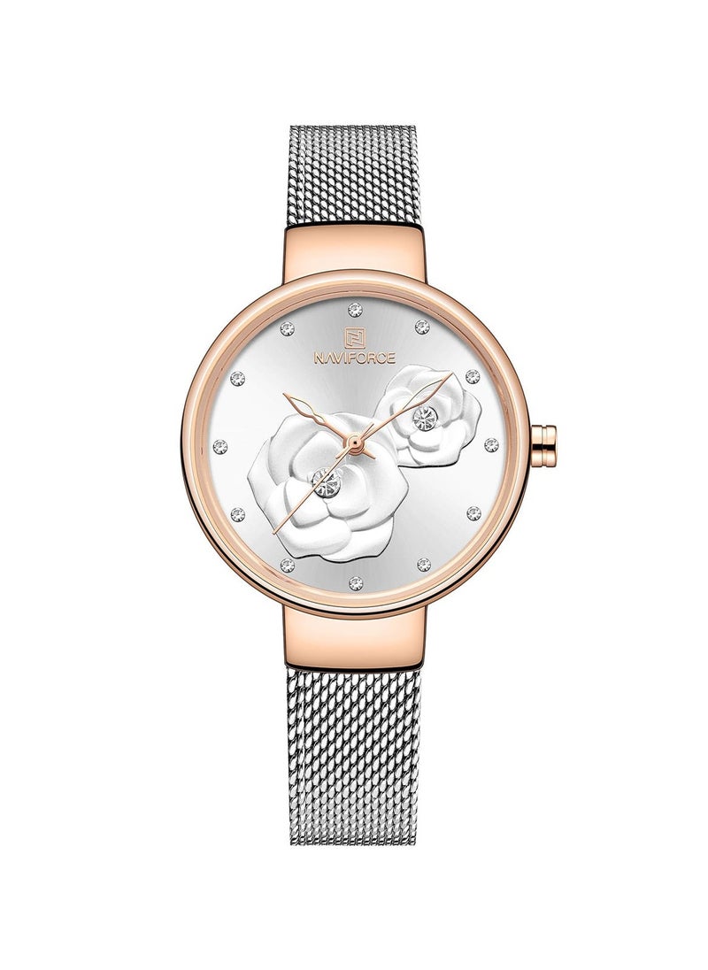NAVIFORCE - Elegant Women's Quartz Watch Stylish Round Dial with Floral Embossed Design Sparkling Crystal Hour Markers Stainless Steel Mesh Strap Fashionable Timepiece for Everyday Wear and Special Occasions - Image 1