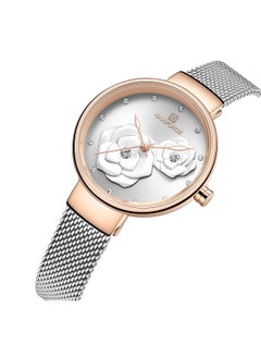 NAVIFORCE Elegant Women's Quartz Watch Stylish Round Dial with Floral Embossed Design Sparkling Crystal Hour Markers Stainless Steel Mesh Strap Fashionable Timepiece for Everyday Wear and Special Occasions  - Image 2
