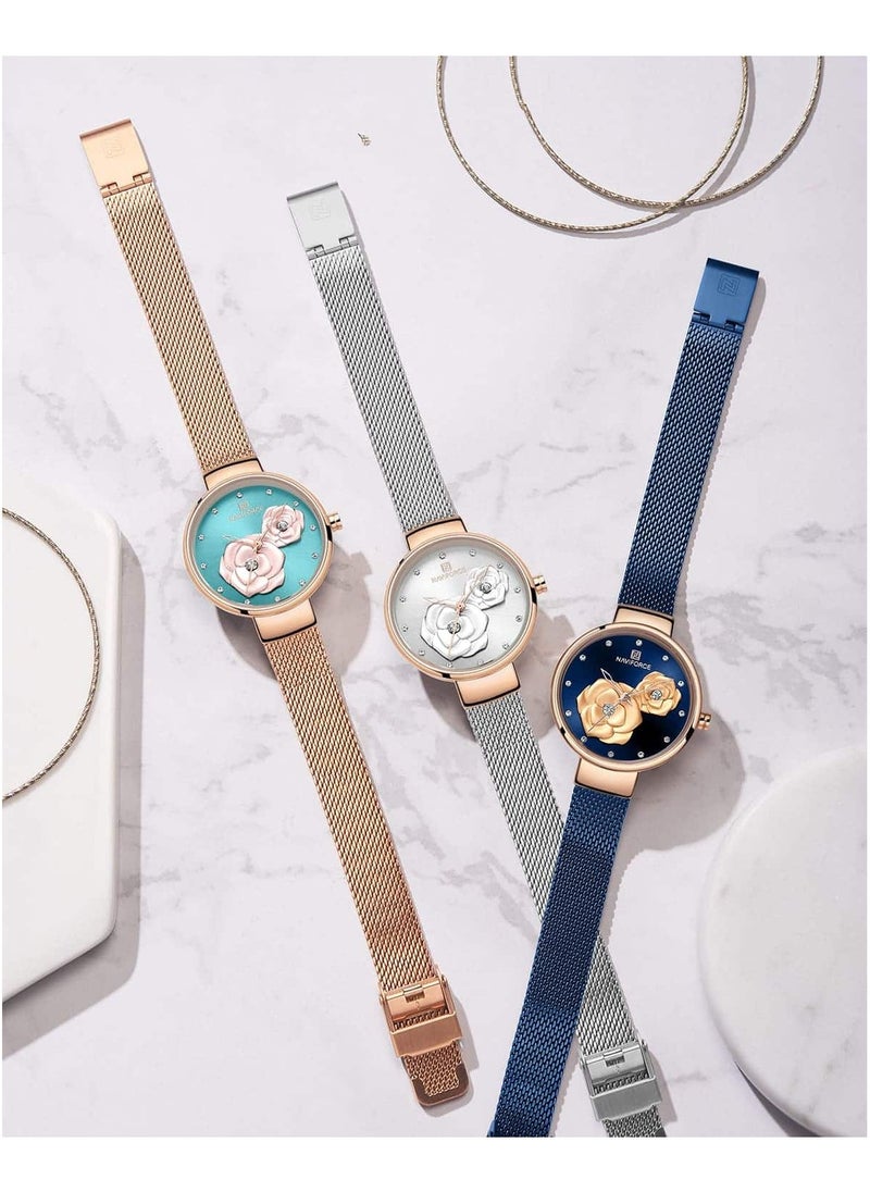 NAVIFORCE - Elegant Women's Quartz Watch Stylish Round Dial with Floral Embossed Design Sparkling Crystal Hour Markers Stainless Steel Mesh Strap Fashionable Timepiece for Everyday Wear and Special Occasions - Image 1