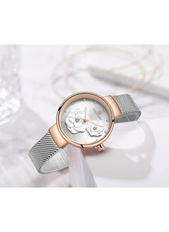 NAVIFORCE Elegant Women's Quartz Watch Stylish Round Dial with Floral Embossed Design Sparkling Crystal Hour Markers Stainless Steel Mesh Strap Fashionable Timepiece for Everyday Wear and Special Occasions  - Image 4