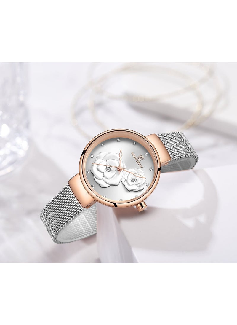 NAVIFORCE - Elegant Women's Quartz Watch Stylish Round Dial with Floral Embossed Design Sparkling Crystal Hour Markers Stainless Steel Mesh Strap Fashionable Timepiece for Everyday Wear and Special Occasions - Image 1