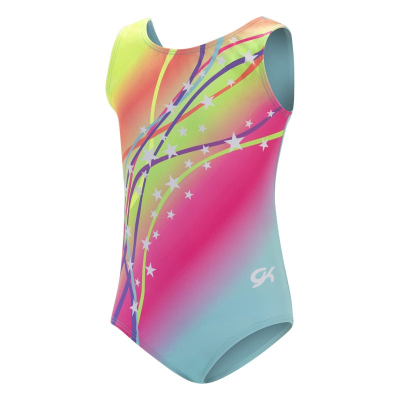 GK Stars Gymnastics & Dance Leotard for Girls and Toddlers - Activewear One Piece Outfit in Fun Colorful Prints (Child Large, Rainbow Starburst) - Image 1