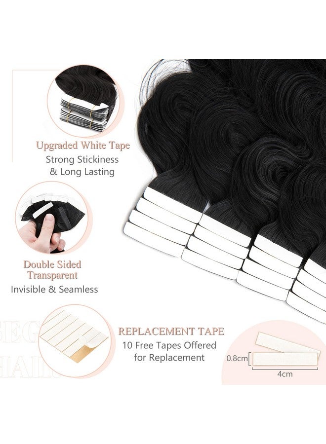 SEGO Ego Tape In Hair Extensions Wavy 14 Inch Natural 100% Remy Human Hair Real Seamless Skin Weft Invisible Rooted Double Sided Tape Hair For Women 20Pcs 40G Jet Blackbody Wave - Image 4