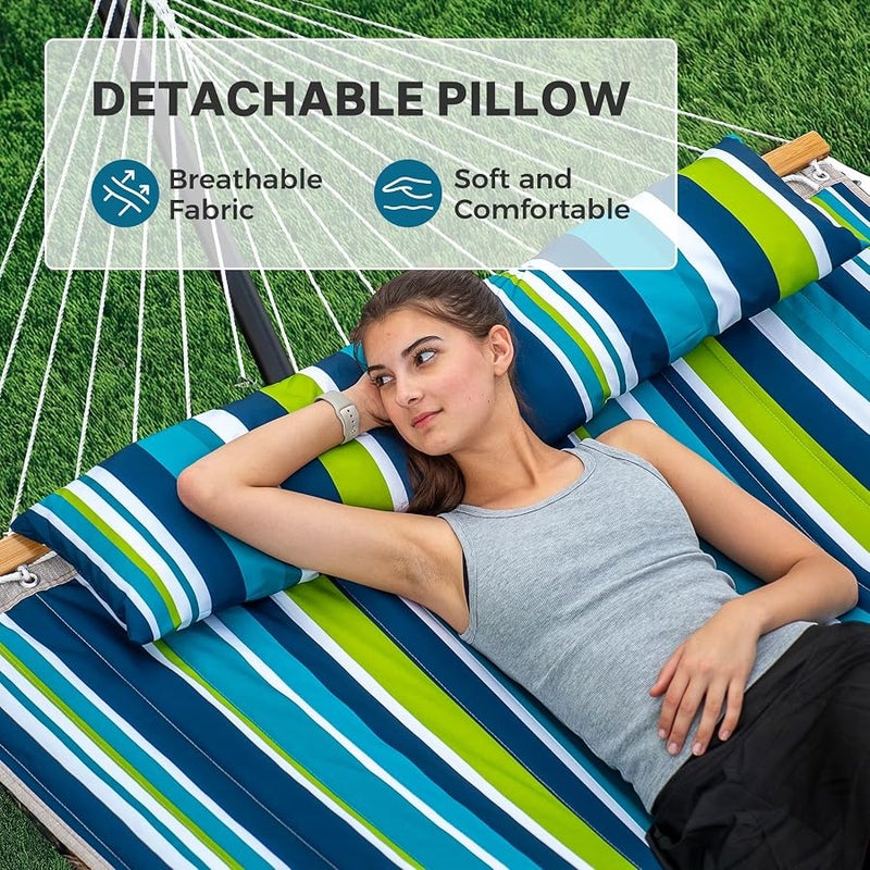 سوبرجير SUPERJARE Hammock with Stand, 2 Person Quilted Outdoor Hammock, Detachable Pillow & Bamboo Spreaders, Portable Hammock with Carrying Bag, Heavy Duty Stand, Perfect for Outside, Patio, Dark Cyan - Image 4