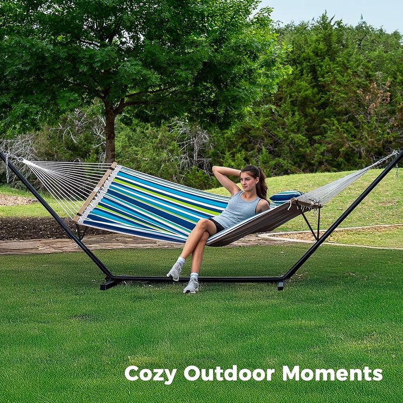 سوبرجير SUPERJARE Hammock with Stand, 2 Person Quilted Outdoor Hammock, Detachable Pillow & Bamboo Spreaders, Portable Hammock with Carrying Bag, Heavy Duty Stand, Perfect for Outside, Patio, Dark Cyan - Image 2