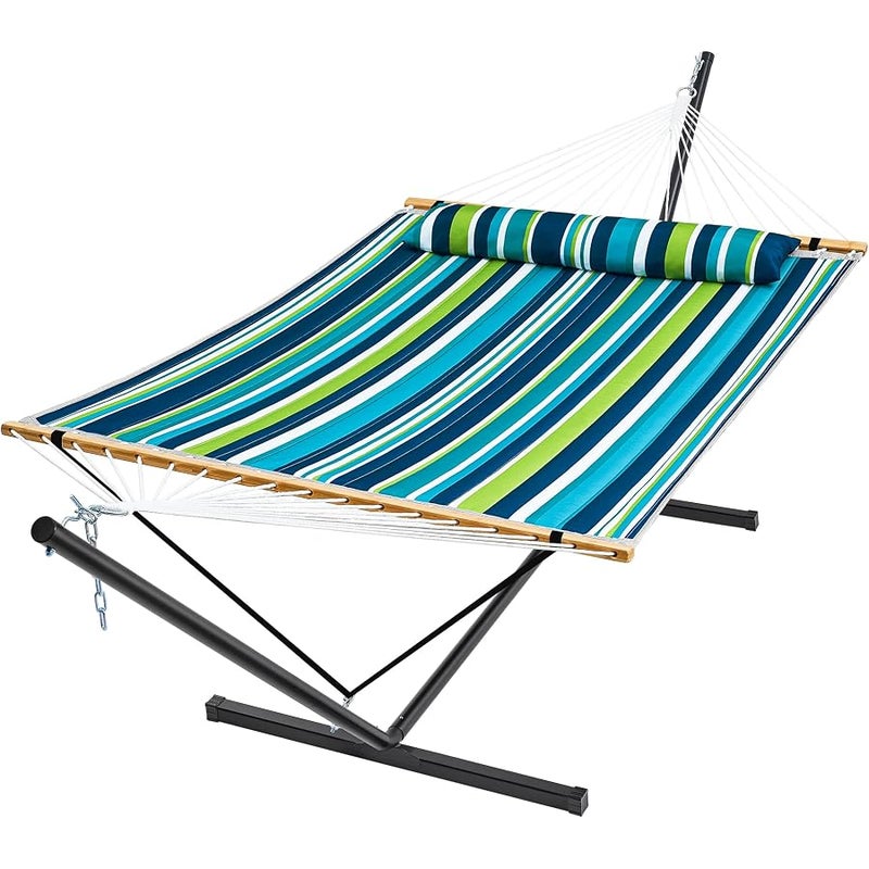 سوبرجير SUPERJARE Hammock with Stand, 2 Person Quilted Outdoor Hammock, Detachable Pillow & Bamboo Spreaders, Portable Hammock with Carrying Bag, Heavy Duty Stand, Perfect for Outside, Patio, Dark Cyan - Image 1