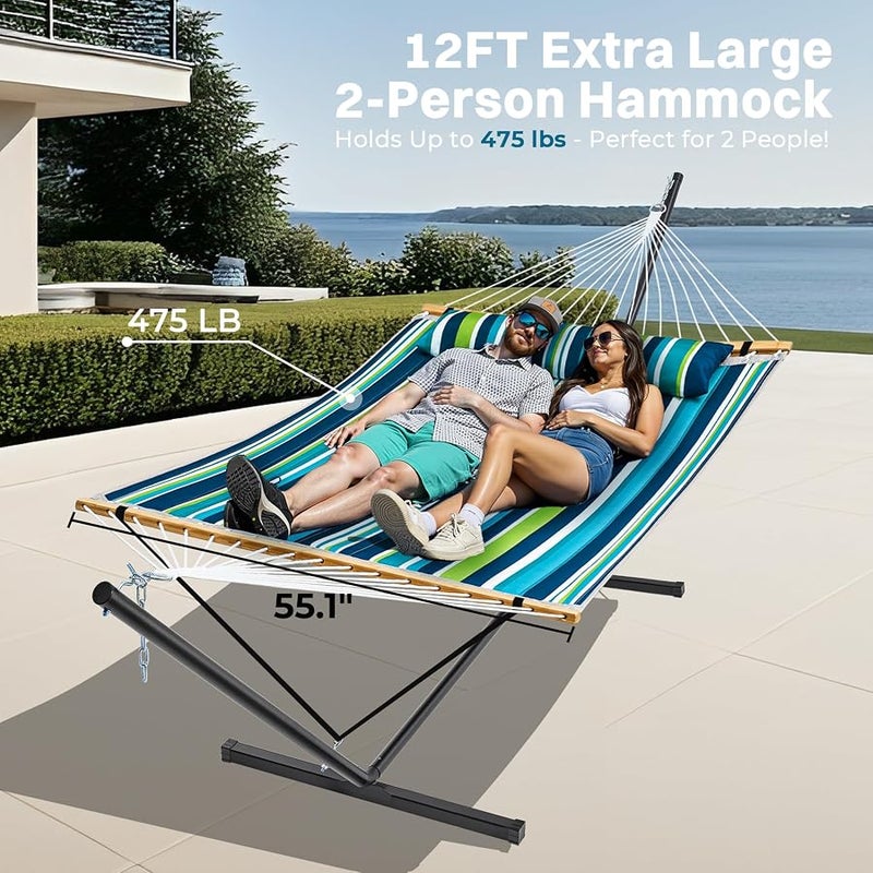 سوبرجير SUPERJARE Hammock with Stand, 2 Person Quilted Outdoor Hammock, Detachable Pillow & Bamboo Spreaders, Portable Hammock with Carrying Bag, Heavy Duty Stand, Perfect for Outside, Patio, Dark Cyan - Image 3