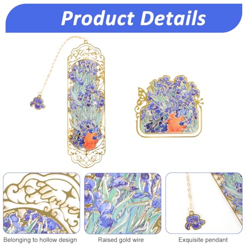 OFIFO® Bookmark Gift Set of 2 Metal Bookmark and Page Clip, Artistic Floral Iris Embossed Hollow Design with Chain Charm, Premium Book Marker Gift for Readers, Students, Women and Men - Image 3