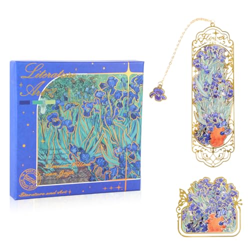 OFIFO® Bookmark Gift Set of 2 Metal Bookmark and Page Clip, Artistic Floral Iris Embossed Hollow Design with Chain Charm, Premium Book Marker Gift for Readers, Students, Women and Men - Image 1