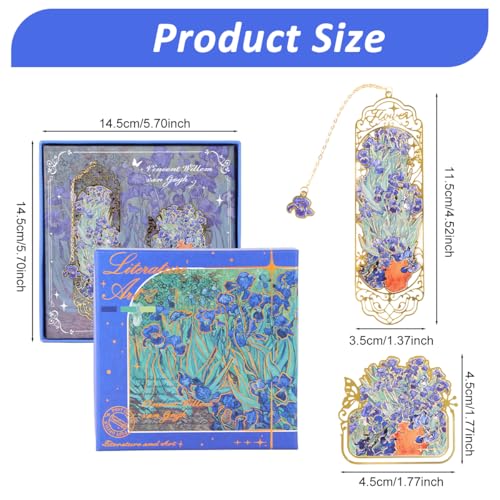 OFIFO® Bookmark Gift Set of 2 Metal Bookmark and Page Clip, Artistic Floral Iris Embossed Hollow Design with Chain Charm, Premium Book Marker Gift for Readers, Students, Women and Men - Image 2