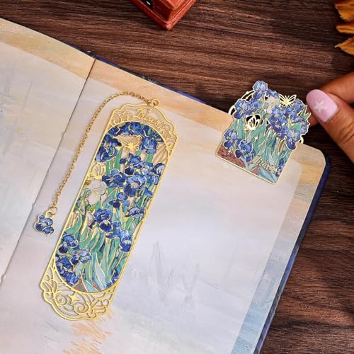 OFIFO® Bookmark Gift Set of 2 Metal Bookmark and Page Clip, Artistic Floral Iris Embossed Hollow Design with Chain Charm, Premium Book Marker Gift for Readers, Students, Women and Men - Image 5