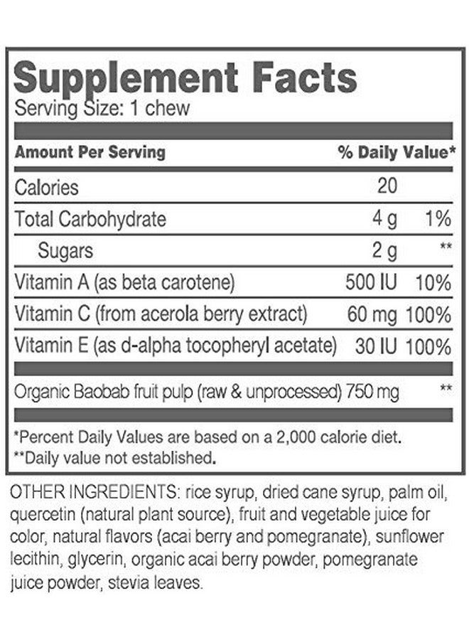 powbab Baobab Superfruit Chews 750Mg Raw Baobab Powder Organic. Immune Superfood Supplement 100% Antioxidants For Cold Season Vitamin C. Acai Berry Powder Pomegranate Supplement Non Gmo 30 Chews - Image 3
