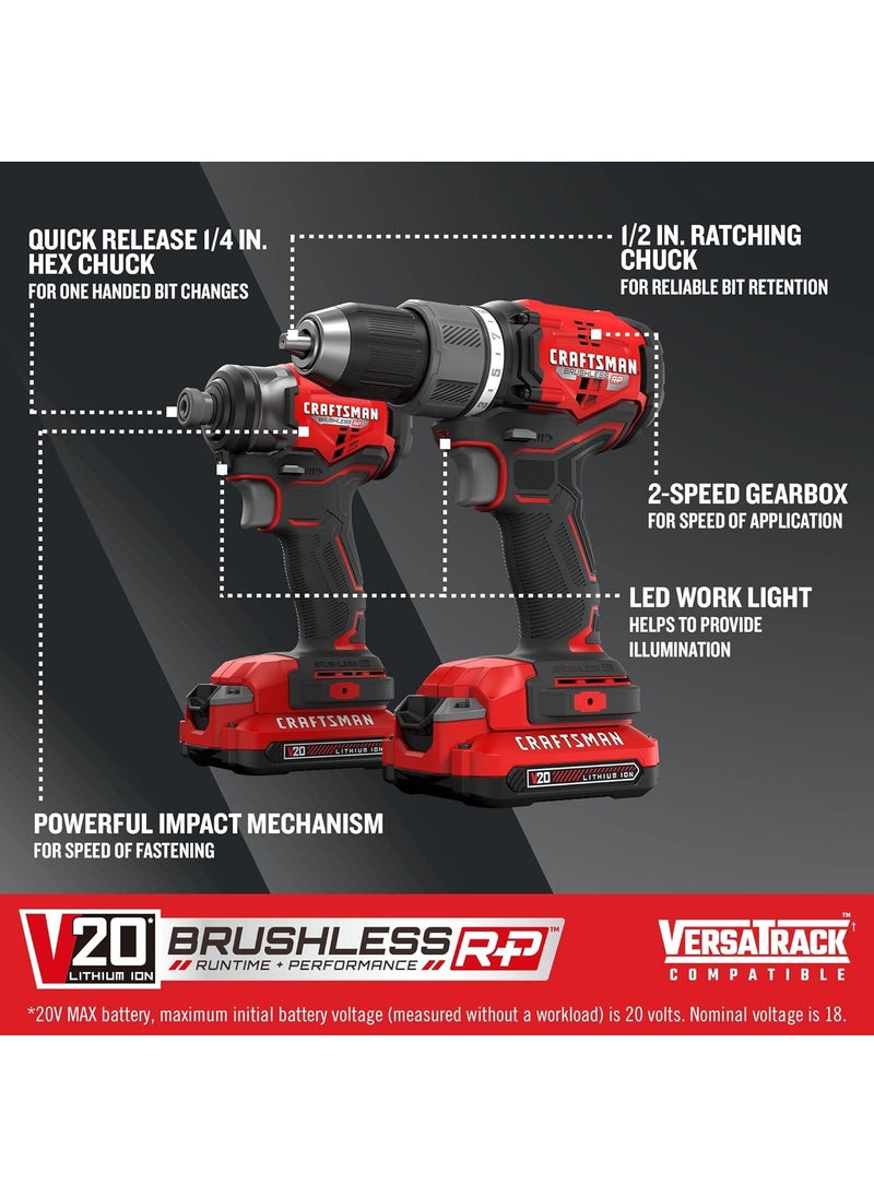 CRAFTSMAN CRAFTSMAN V20 RP Cordless Drill and Impact Driver Brushless Power Tool Combo Kit 2 Batteries and Charger Included CMCK211C2  - Image 3