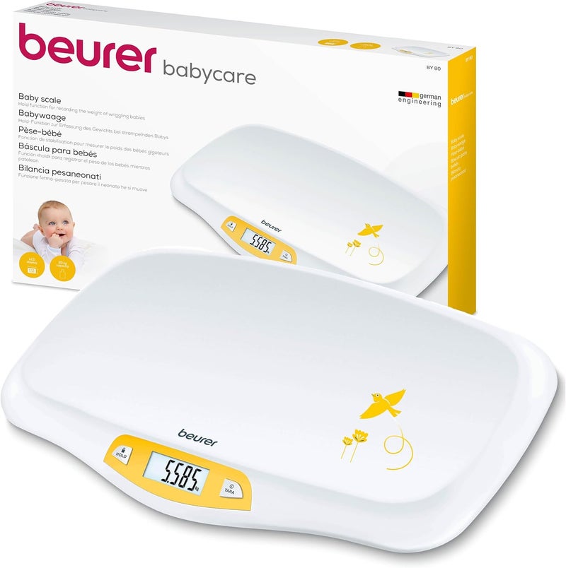 Beurer BY80 Baby Scale Digital baby weighing scale with large LCD screen Curved platform for comfort and safety Tare and hold functions for easy weighing 20kg load capacity Easy wipeclean - Image 1