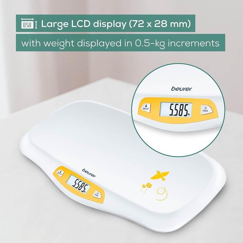 Beurer BY80 Baby Scale Digital baby weighing scale with large LCD screen Curved platform for comfort and safety Tare and hold functions for easy weighing 20kg load capacity Easy wipeclean - Image 5