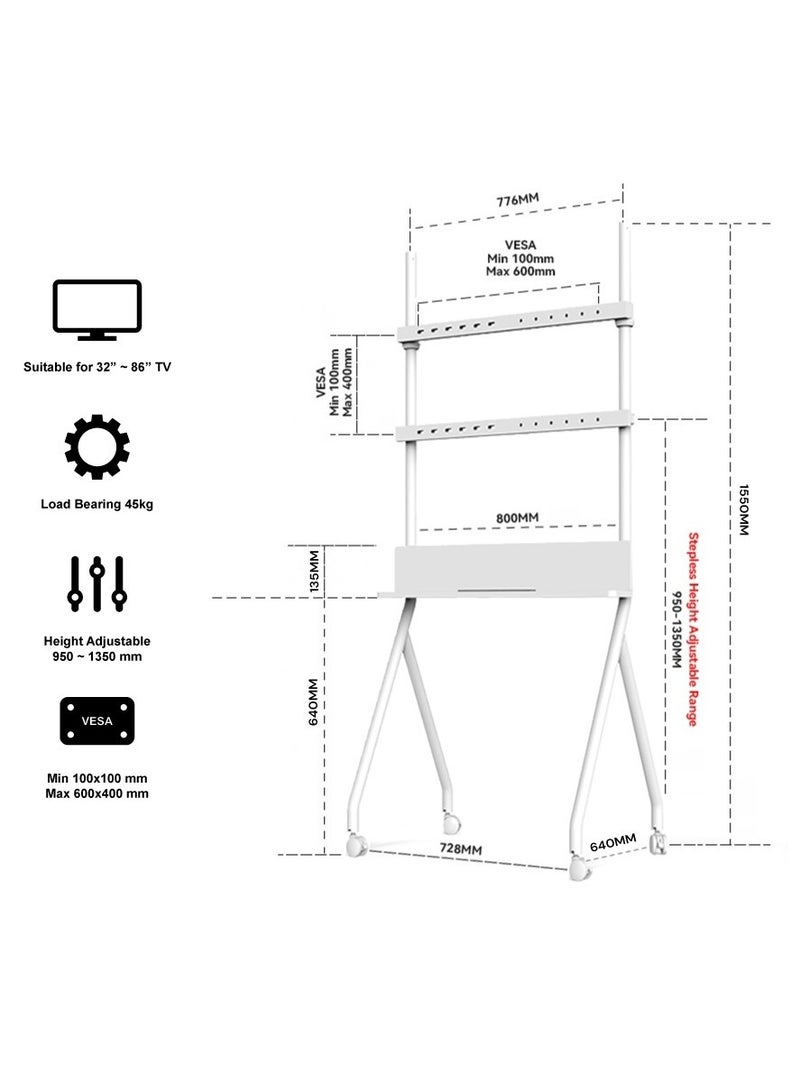 BEETEC Mobile TV Stand for 32–86 Inch Flat Screen TVs, Rolling Cart with Lockable Wheels, Height Adjustable, VESA 600x400mm, Max Load 45kg, Shelf Capacity 10 kg, Cable Management, White | TF-RG8W - Image 2