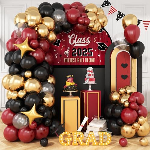 Vibzox Black Burgundy Gold Balloons Arch Kit Maroon Red Black Clear Balloon Garland with Metallic Gold Balloons Star Foil Balloon for Graduation Kids Magical Birthday Baby Shower Party Decoration - Image 1
