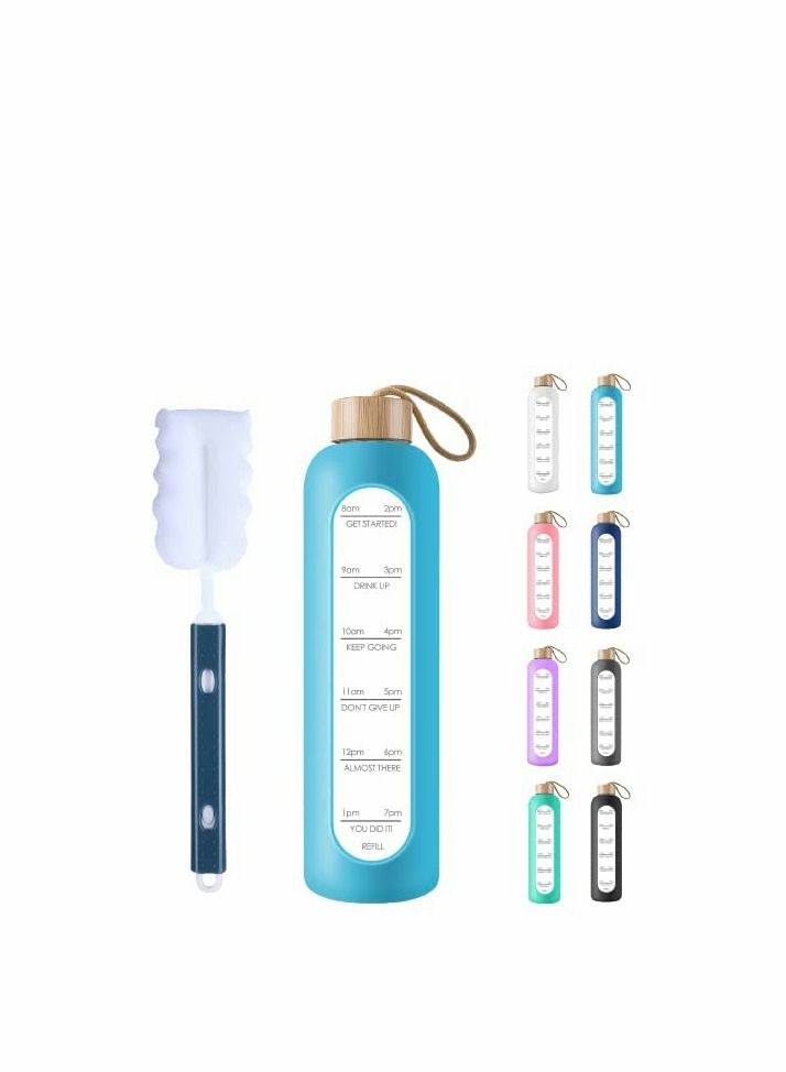 نيبمينينت 32 Oz Borosilicate Glass Water Bottle with Time Marker Reminder Quotes, Leak Proof Reusable BPA Free Motivational Silicone Sleeve and Bamboo Lid - Image 1