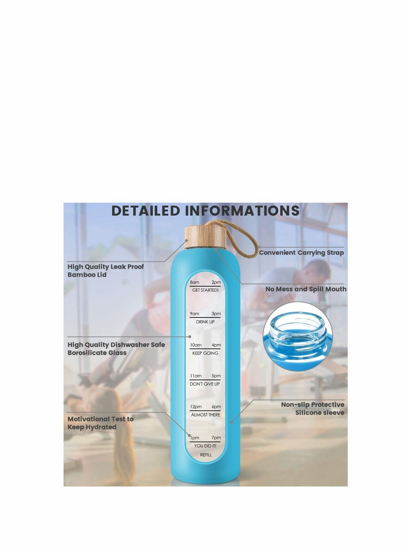 نيبمينينت 32 Oz Borosilicate Glass Water Bottle with Time Marker Reminder Quotes, Leak Proof Reusable BPA Free Motivational Silicone Sleeve and Bamboo Lid - Image 3